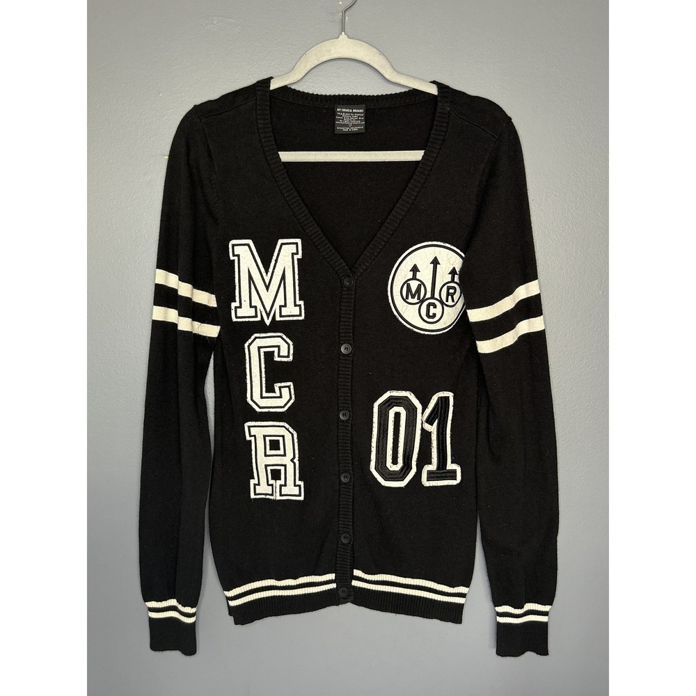 My Chemical Romance Cardigan Sweater Womens L Black MCR 01 Varsity Goth Academia